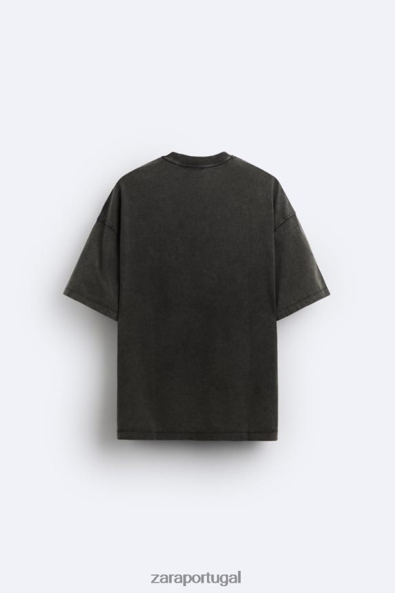 camiseta com texto de lavagem ácida homens Zara preto desbotado Z2080L1214 roupas