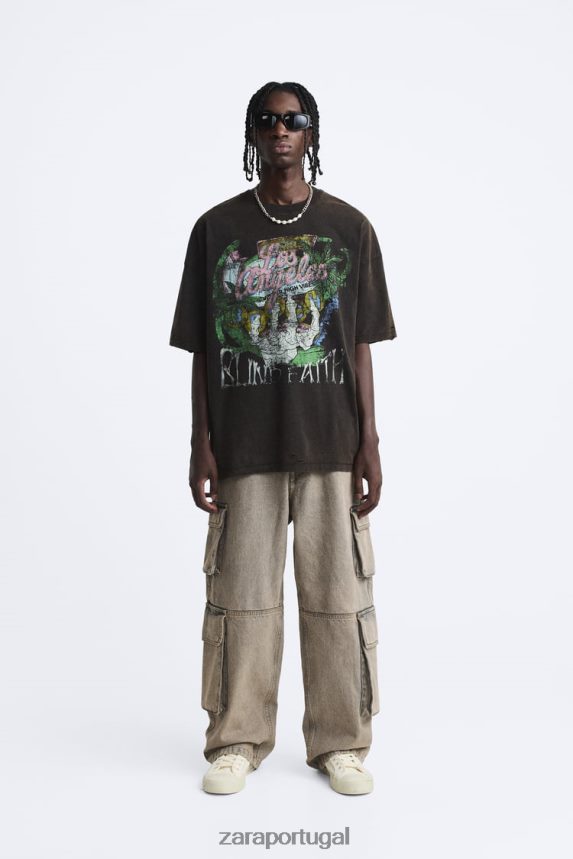 camiseta estampada lavada homens Zara marrom Z2080L1206 roupas