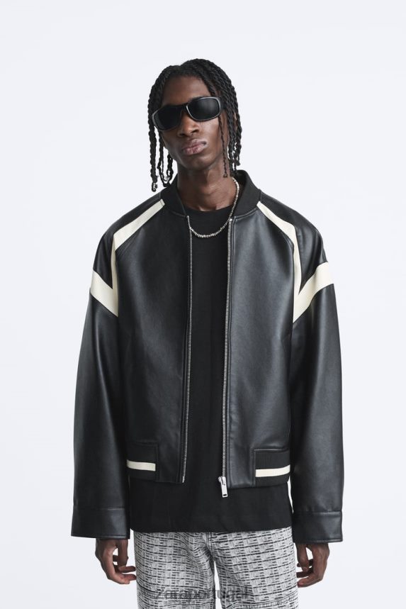 jaqueta bomber de couro sintético contrastante homens Zara preto Z2080L1110 roupas