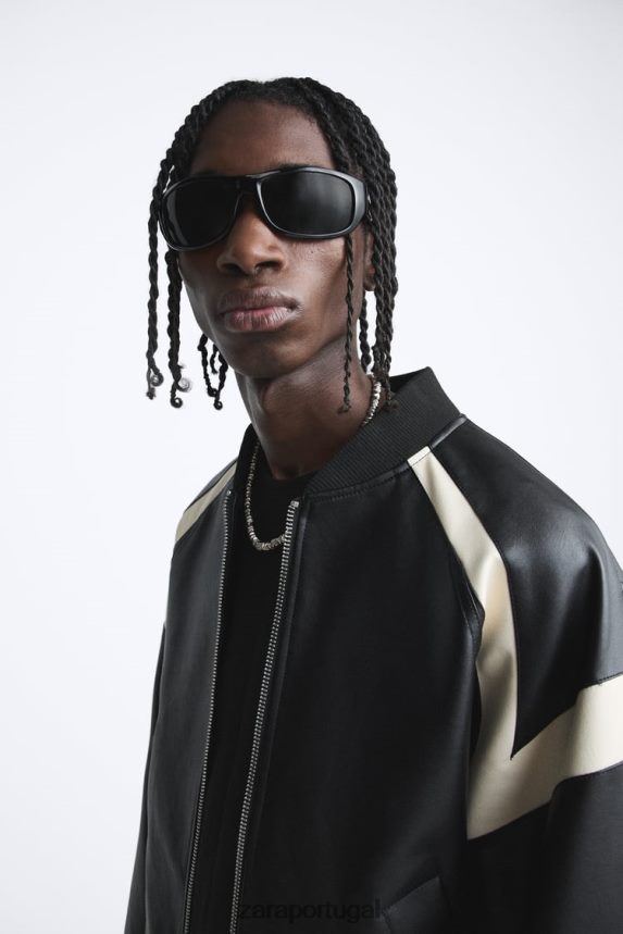 jaqueta bomber de couro sintético contrastante homens Zara preto Z2080L1110 roupas