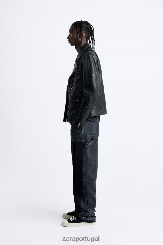 jaqueta de motociclista de couro homens Zara preto Z2080L1113 roupas