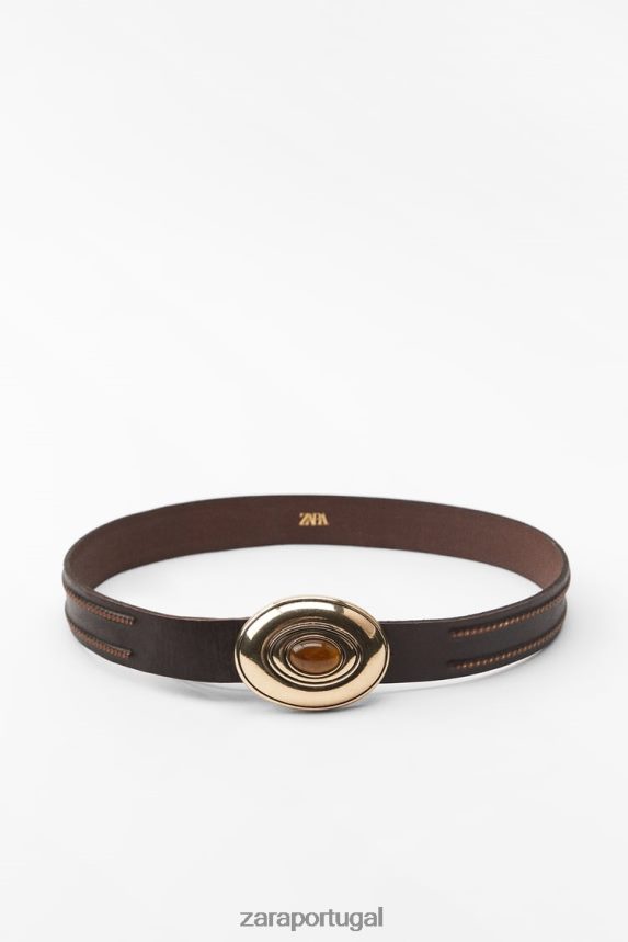 cinto de couro com fivela decorada com pedras mulheres Zara marrom Z2080L757 acessórios
