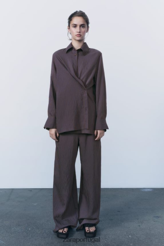 calça larga listrada minimalista da coleção zw mulheres Zara marrom/azul Z2080L496 roupas