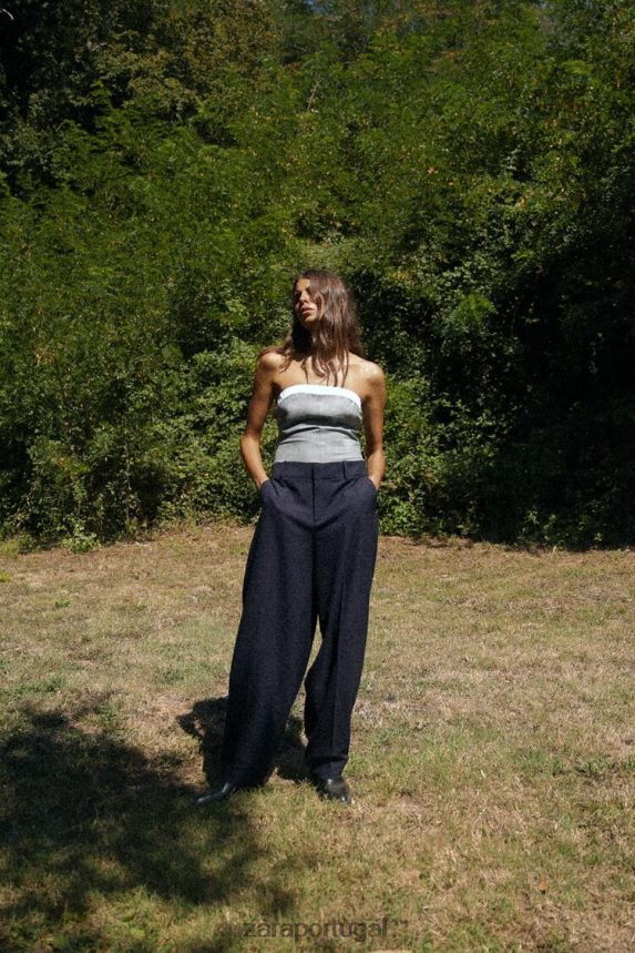 calça reta com punho virado mulheres Zara azul-marinho Z2080L485 roupas