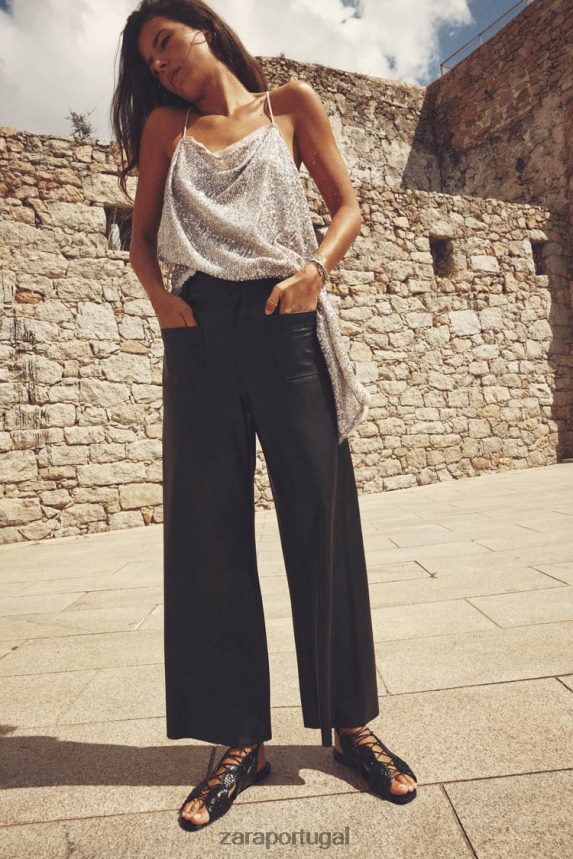 calça reta zw marine de couro sintético de cintura alta mulheres Zara preto Z2080L491 roupas