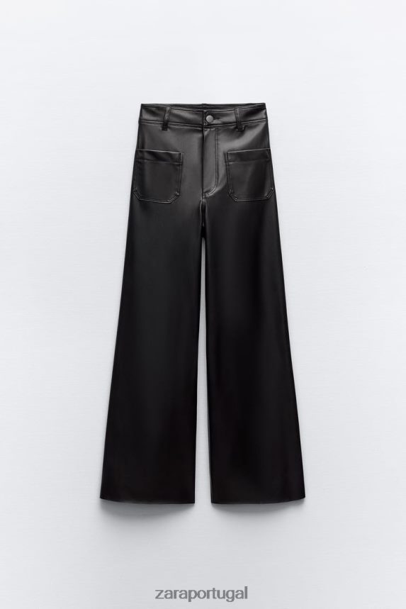 calça reta zw marine de couro sintético de cintura alta mulheres Zara preto Z2080L491 roupas