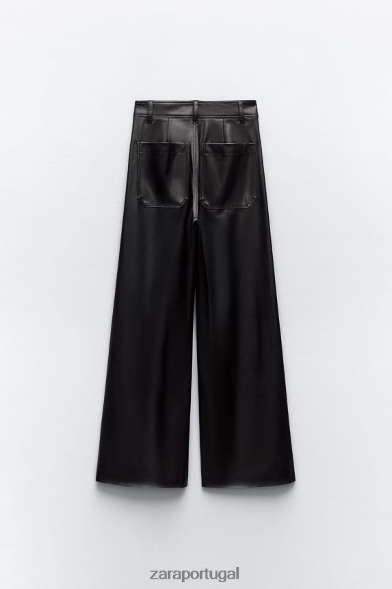 calça reta zw marine de couro sintético de cintura alta mulheres Zara preto Z2080L491 roupas