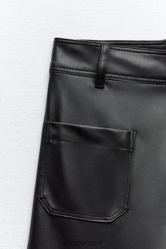 calça reta zw marine de couro sintético de cintura alta mulheres Zara preto Z2080L491 roupas