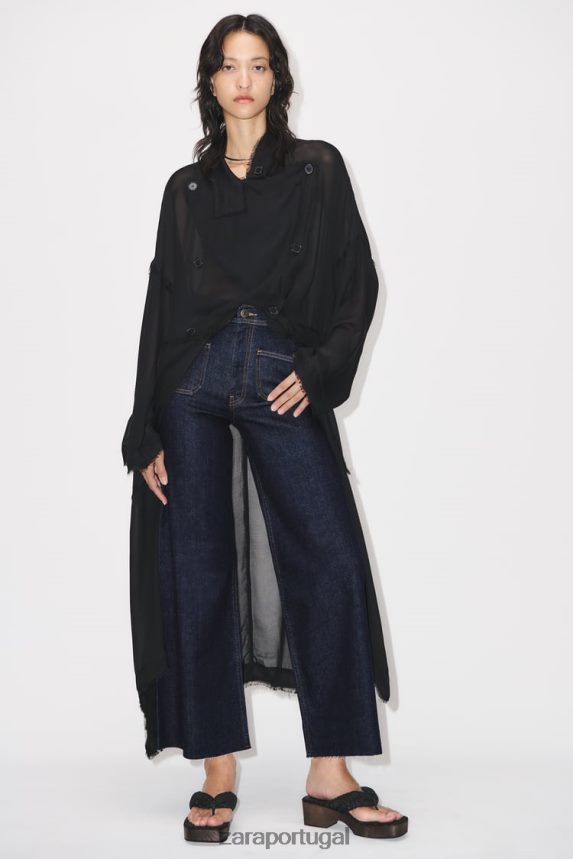 calça jeans zw marine cintura alta com bolso reto mulheres Zara azul Z2080L517 roupas