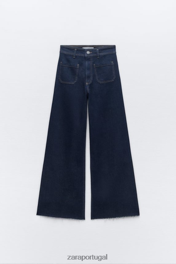 calça jeans zw marine cintura alta com bolso reto mulheres Zara azul Z2080L517 roupas
