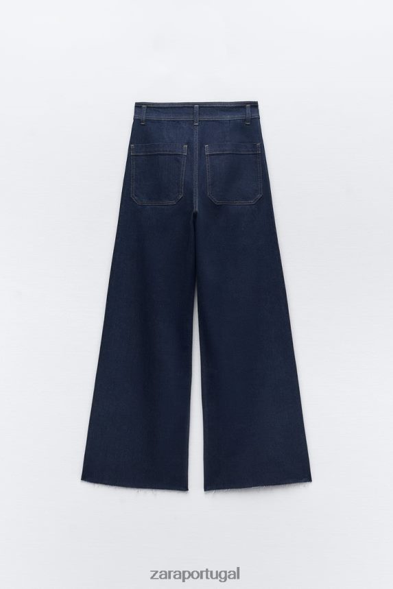 calça jeans zw marine cintura alta com bolso reto mulheres Zara azul Z2080L517 roupas