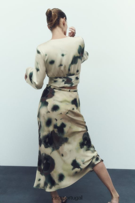 Saia midi com estampa tie dye e efeito cetim mulheres Zara multicolorido Z2080L701 roupas