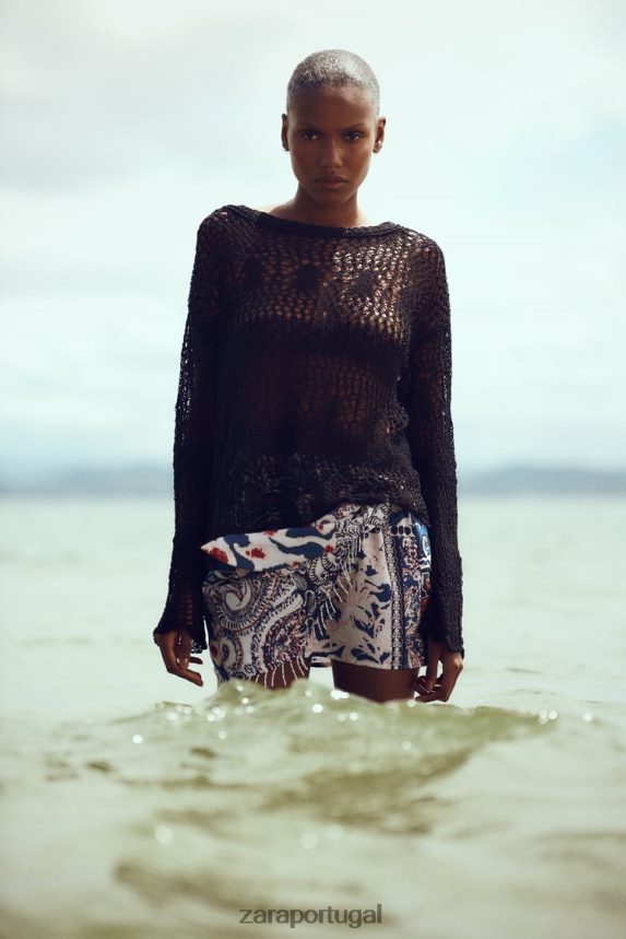 mini saia com franjas estampadas mulheres Zara Branco azulado Z2080L714 roupas