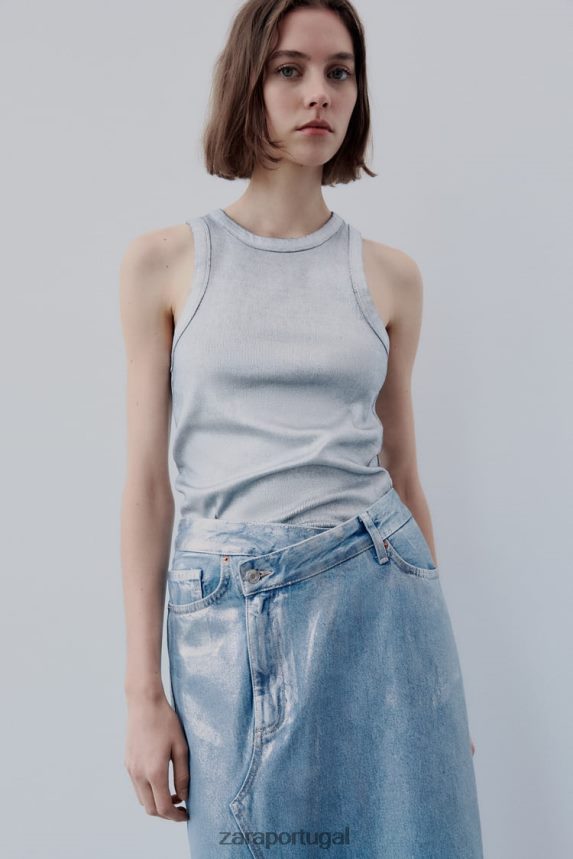 saia assimétrica jeans metálica trf mulheres Zara prata Z2080L679 roupas