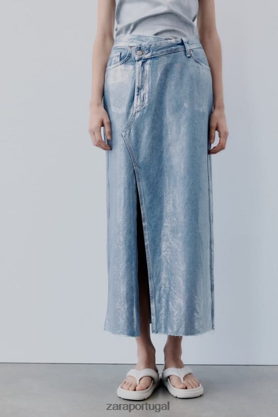 saia assimétrica jeans metálica trf mulheres Zara prata Z2080L679 roupas