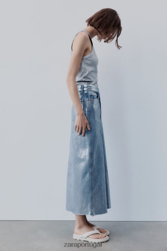 saia assimétrica jeans metálica trf mulheres Zara prata Z2080L679 roupas