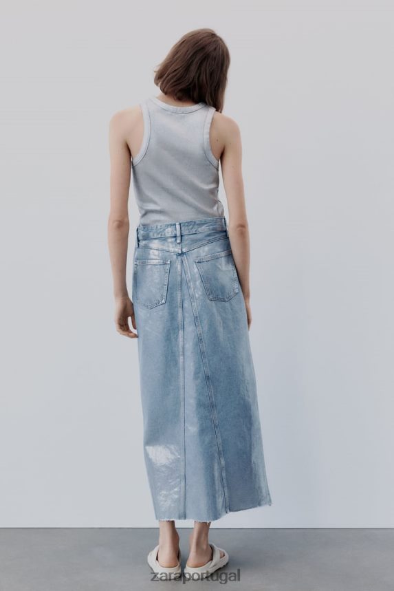 saia assimétrica jeans metálica trf mulheres Zara prata Z2080L679 roupas