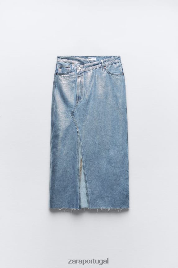 saia assimétrica jeans metálica trf mulheres Zara prata Z2080L679 roupas