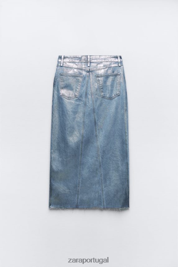 saia assimétrica jeans metálica trf mulheres Zara prata Z2080L679 roupas
