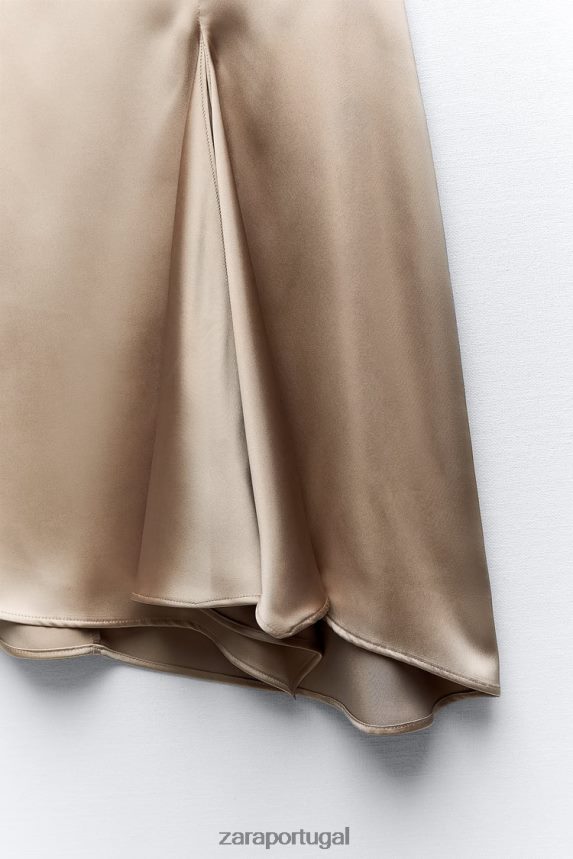 saia com efeito cetim silhueta a/line mulheres Zara bege/rosa Z2080L631 roupas