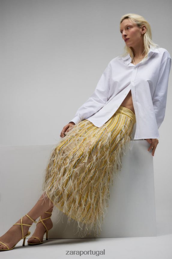 saia de cristal de penas edição limitada mulheres Zara amarelo Z2080L722 roupas