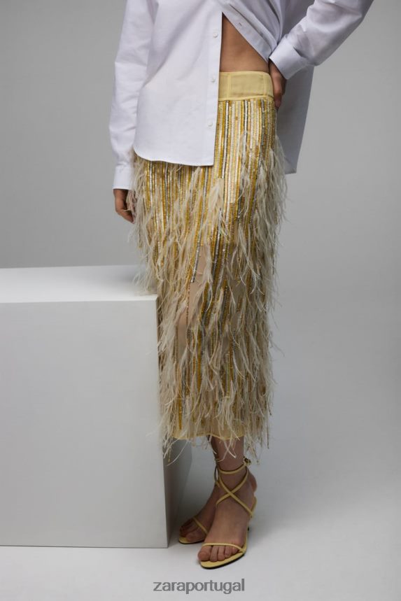saia de cristal de penas edição limitada mulheres Zara amarelo Z2080L722 roupas
