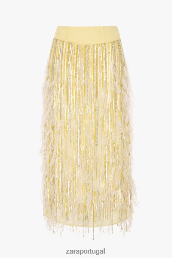 saia de cristal de penas edição limitada mulheres Zara amarelo Z2080L722 roupas