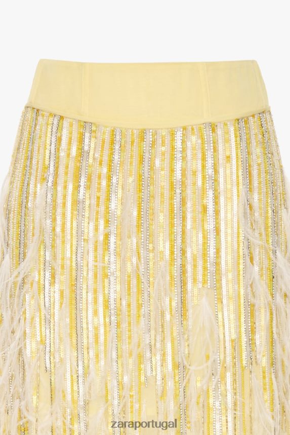 saia de cristal de penas edição limitada mulheres Zara amarelo Z2080L722 roupas