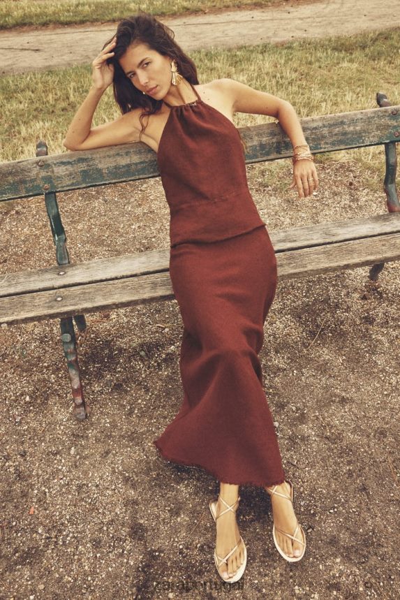 saia de linho desfiada mulheres Zara tijolo Z2080L707 roupas