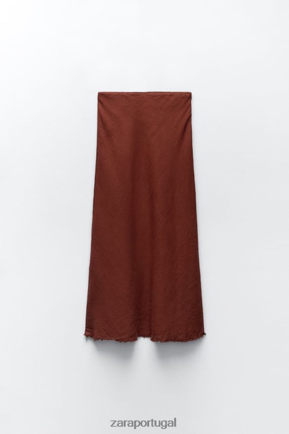 saia de linho desfiada mulheres Zara tijolo Z2080L707 roupas