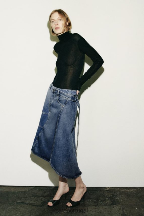 saia jeans assimétrica zw mulheres Zara azul Z2080L727 roupas
