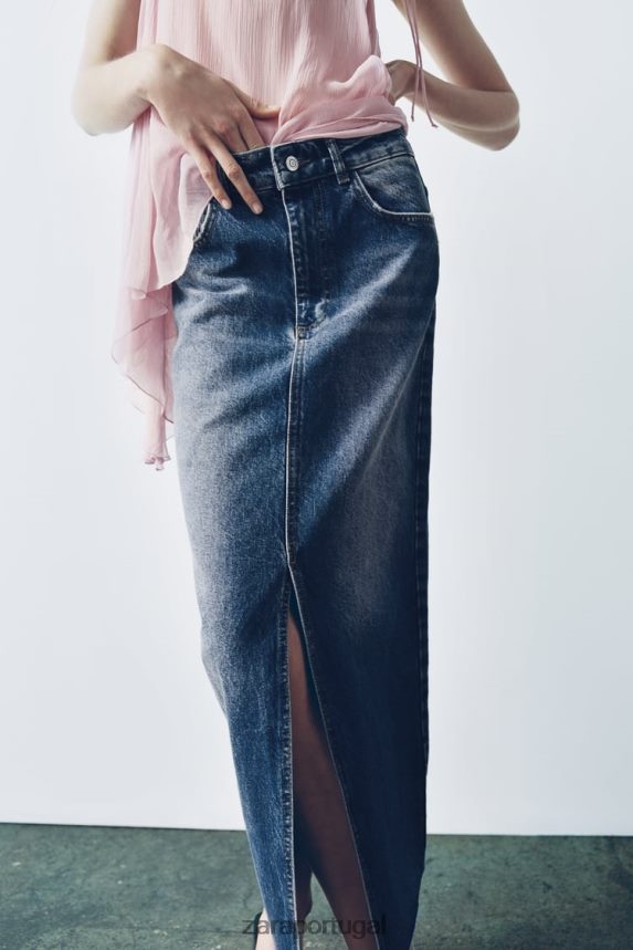 saia jeans cintura alta com fenda zw mulheres Zara azul Z2080L645 roupas