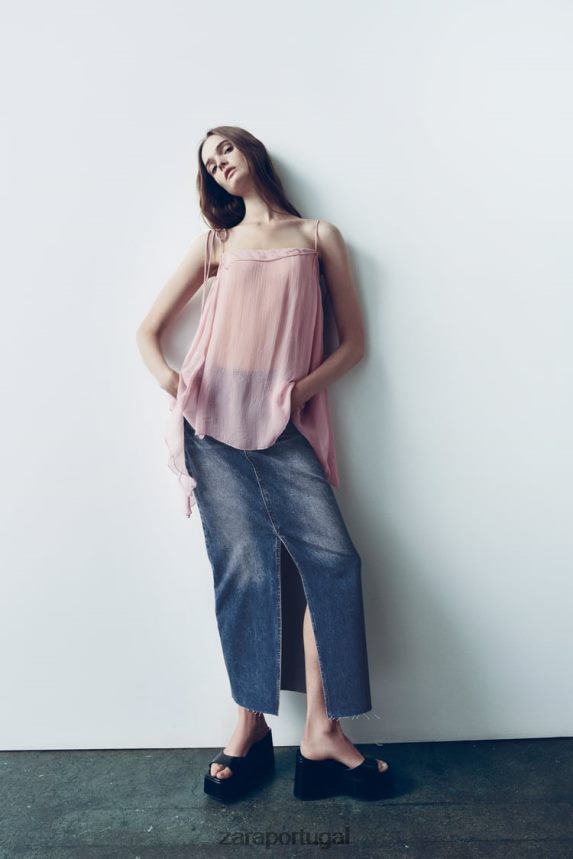 saia jeans cintura alta com fenda zw mulheres Zara azul Z2080L645 roupas