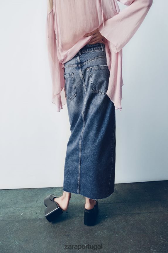 saia jeans cintura alta com fenda zw mulheres Zara azul Z2080L645 roupas