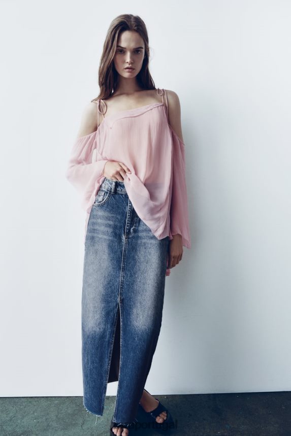 saia jeans cintura alta com fenda zw mulheres Zara azul Z2080L645 roupas