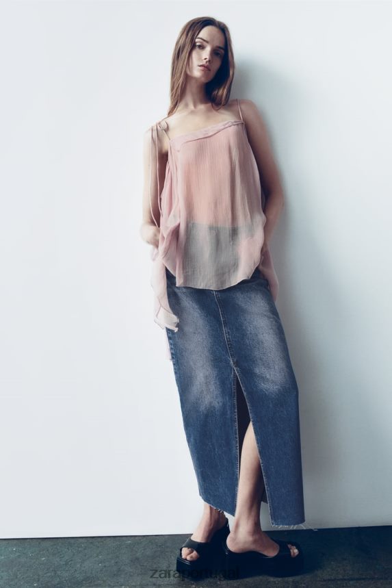 saia jeans cintura alta com fenda zw mulheres Zara azul Z2080L645 roupas