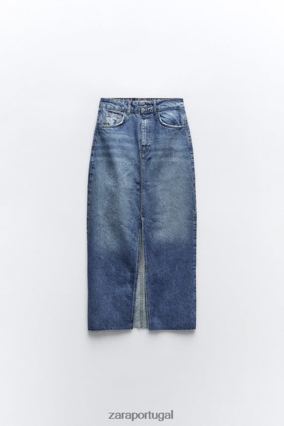 saia jeans cintura alta com fenda zw mulheres Zara azul Z2080L645 roupas