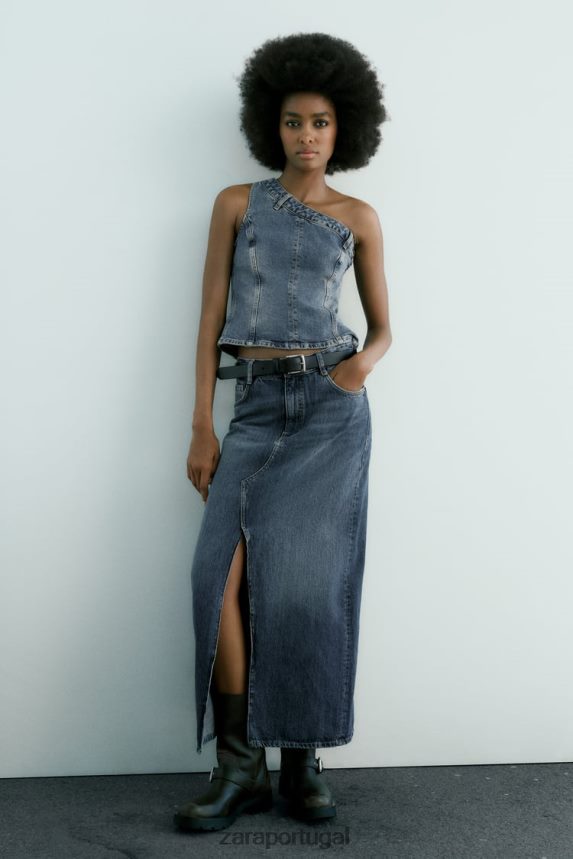 saia jeans longa trf mulheres Zara azul-marinho Z2080L650 roupas