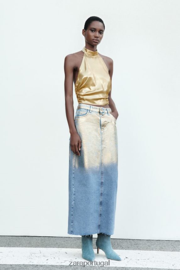 saia jeans metálica z1975 mulheres Zara meio azul Z2080L682 roupas