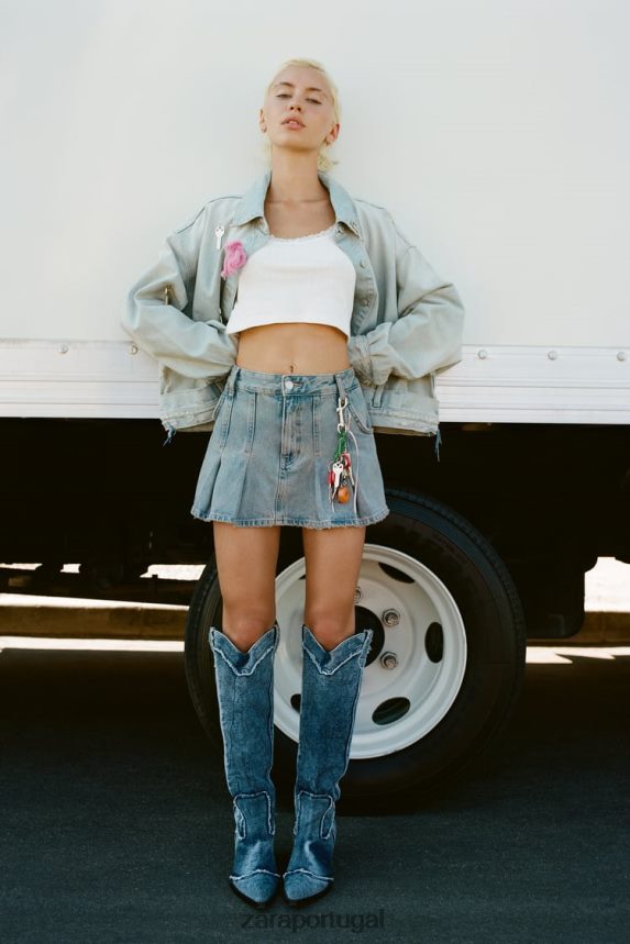 saia jeans plissada trf mulheres Zara azul Z2080L716 roupas