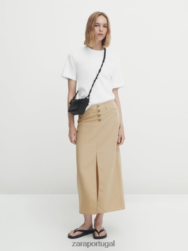 saia lápis midi abotoada com fenda mulheres Zara areia Z2080L858 roupas