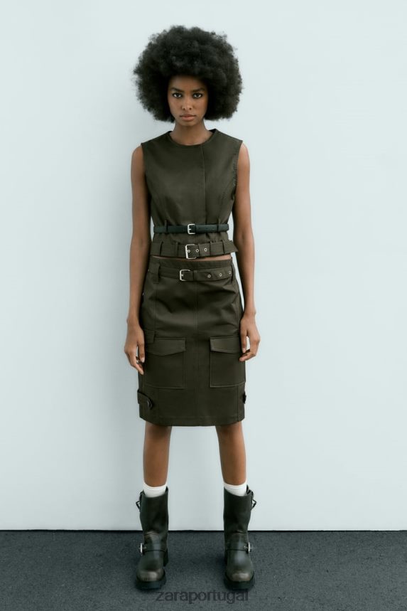 saia midi com bolso mulheres Zara meio cáqui Z2080L655 roupas