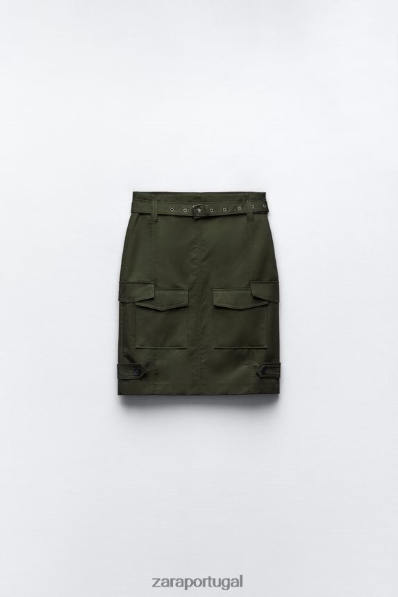 saia midi com bolso mulheres Zara meio cáqui Z2080L655 roupas