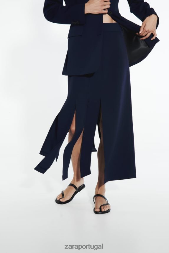 saia midi com fenda lateral mulheres Zara azul-marinho Z2080L654 roupas