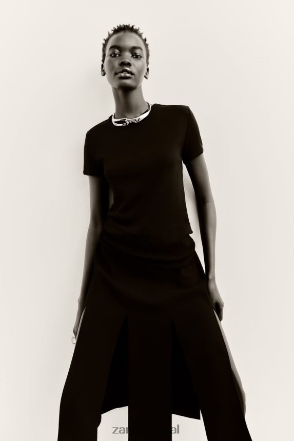 saia midi com tiras mulheres Zara preto Z2080L690 roupas