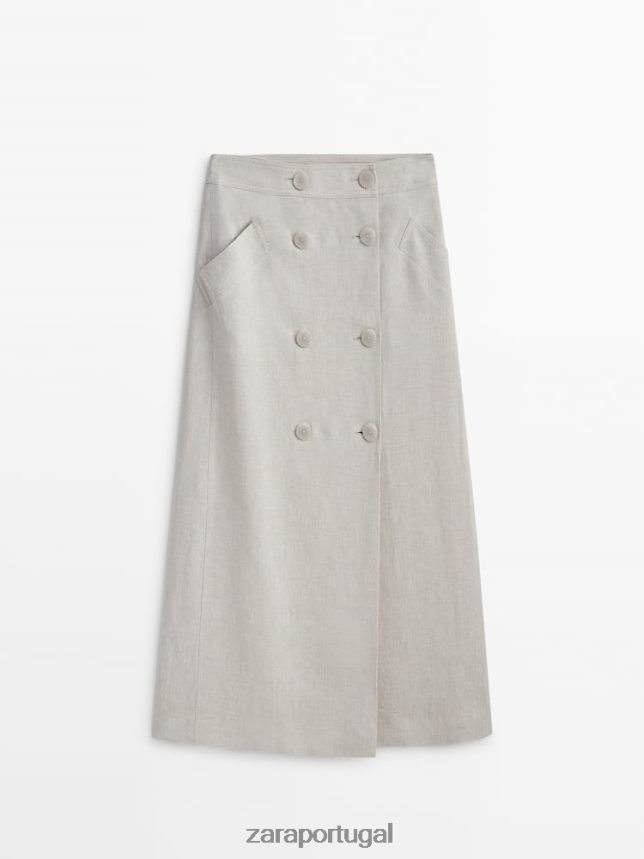 saia midi de linho com abotoamento duplo mulheres Zara cru Z2080L857 roupas