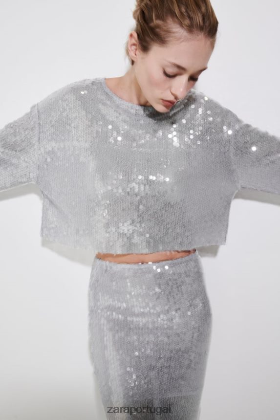 saia midi de paetê mulheres Zara cinza Z2080L648 roupas