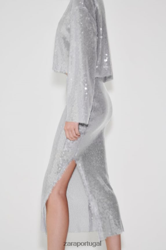 saia midi de paetê mulheres Zara cinza Z2080L648 roupas