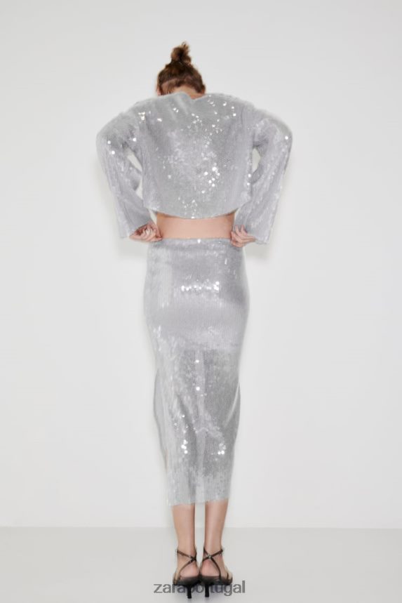 saia midi de paetê mulheres Zara cinza Z2080L648 roupas