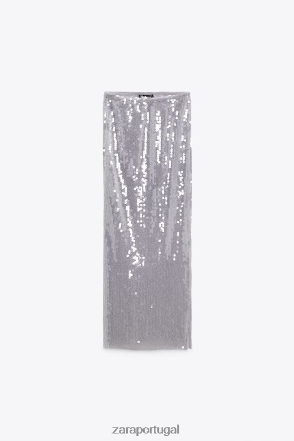 saia midi de paetê mulheres Zara cinza Z2080L648 roupas